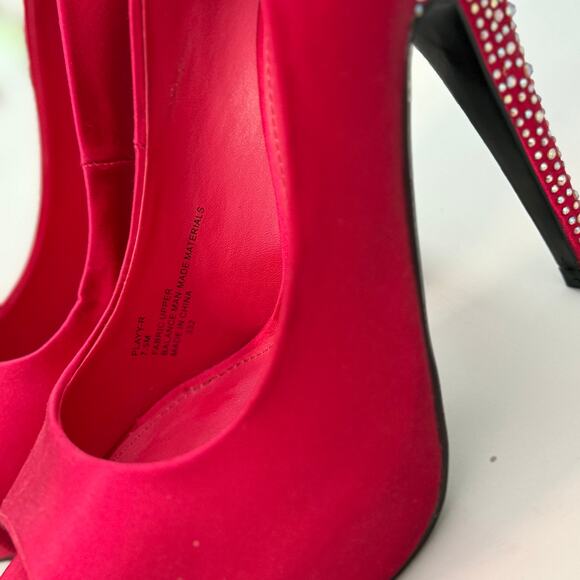 Steve Madden Playy-r Raspberry Satin Rhinestone Open-toe Platform Heels - Picture 4 of 7